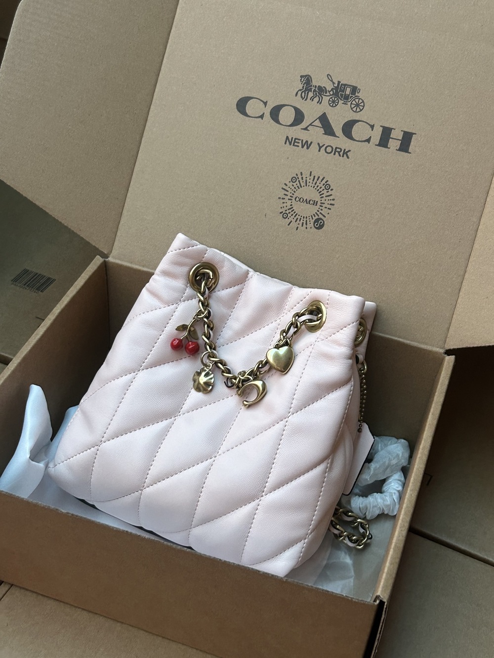 Coach Light Pink Quilted Leather Mini Bucket Bag With Cherry Charm - Picture 2 of 9